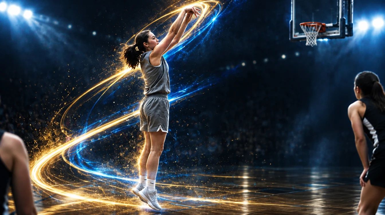 The same player, the photo reworked with arena lighting and gold and blue light trails. AI-generated image.