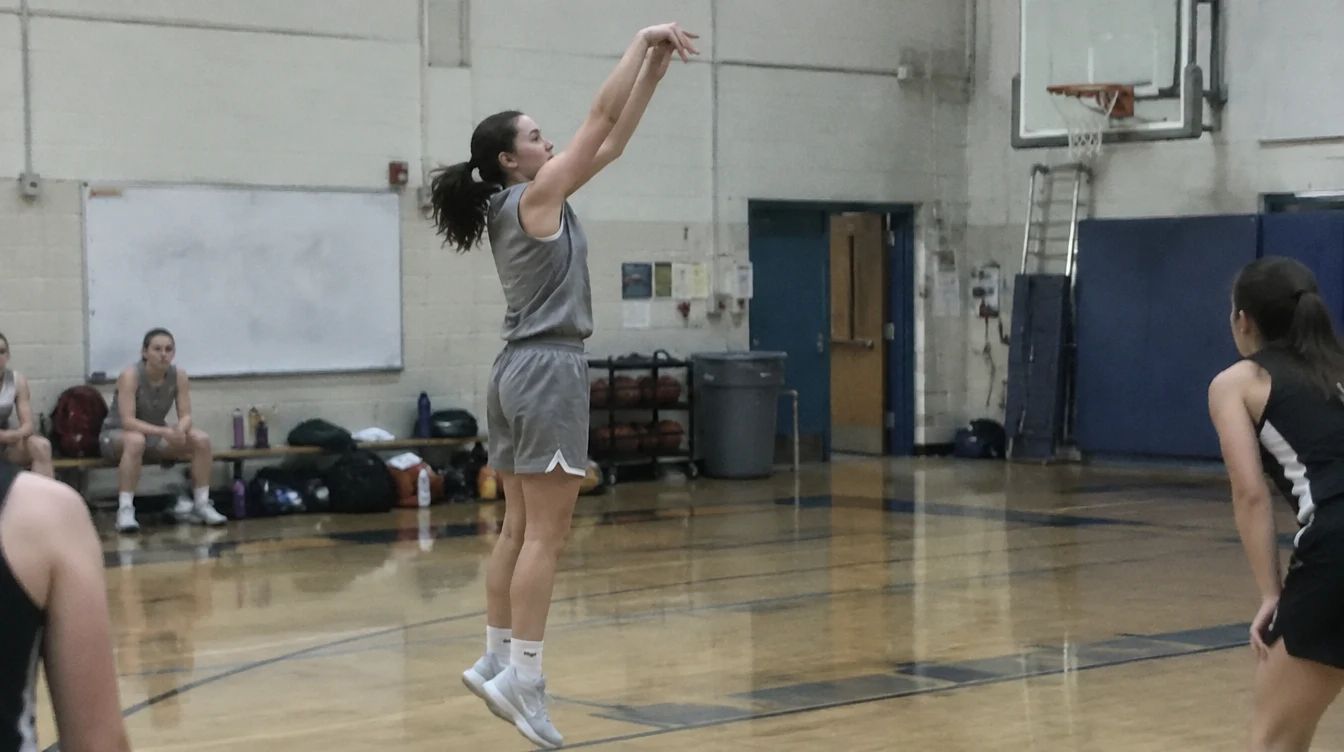 A basketball player mid jump shot in a gym under flat light. AI-generated image.