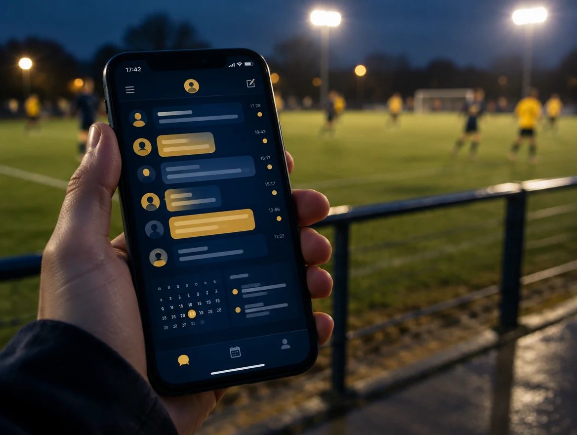 A hand holding a phone at the pitch side, the screen showing a messaging app. AI-generated image.