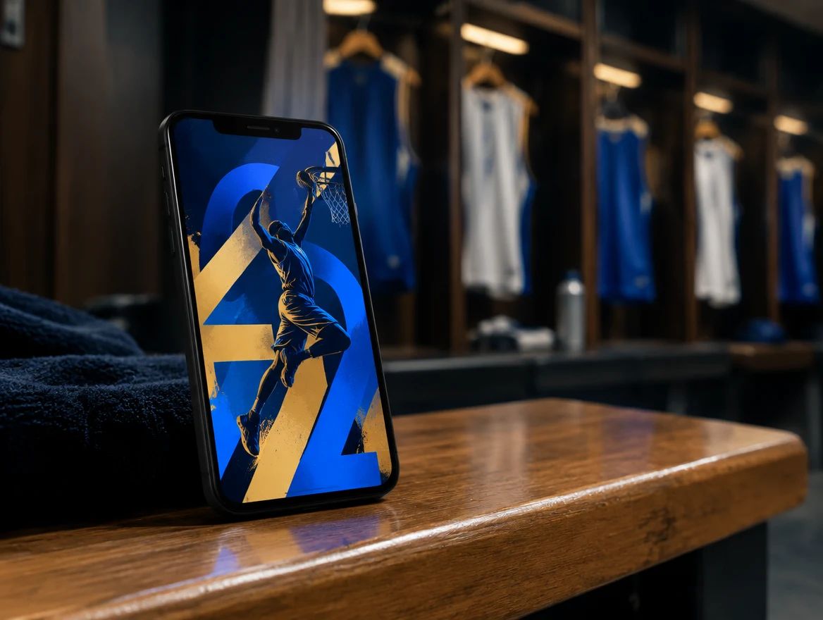 A phone on a locker room bench, showing a matchday graphic. AI-generated image.