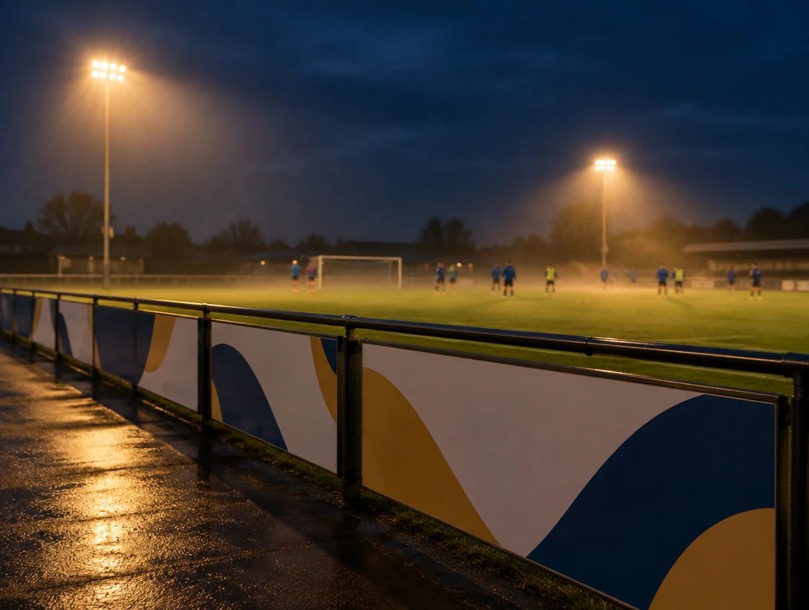 Blank pitch-side boards under floodlights at dusk. AI-generated image.