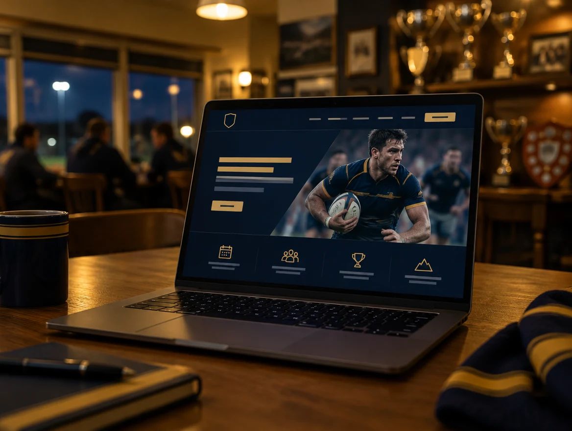 A laptop in a clubhouse in the evening, showing the website of a fictional club. AI-generated image.